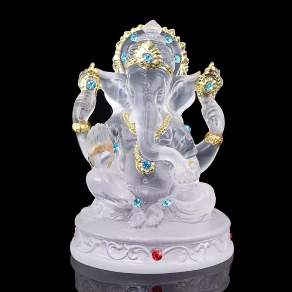 GANESH STATUE Bejeweled Clear Glaze Crystal -Resin Stone-4.5 in Figurine-Success